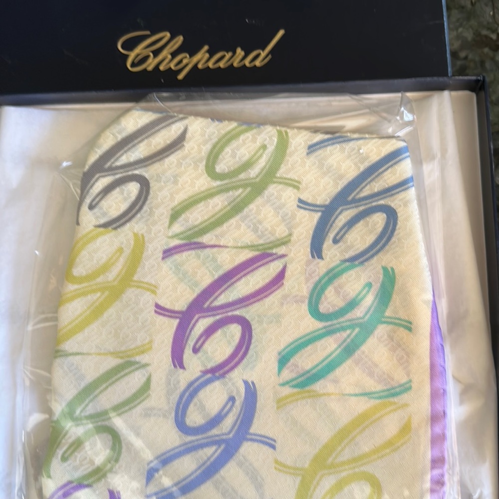 Beautiful Chopard silk logo scarf.  In original box and plastic bag.